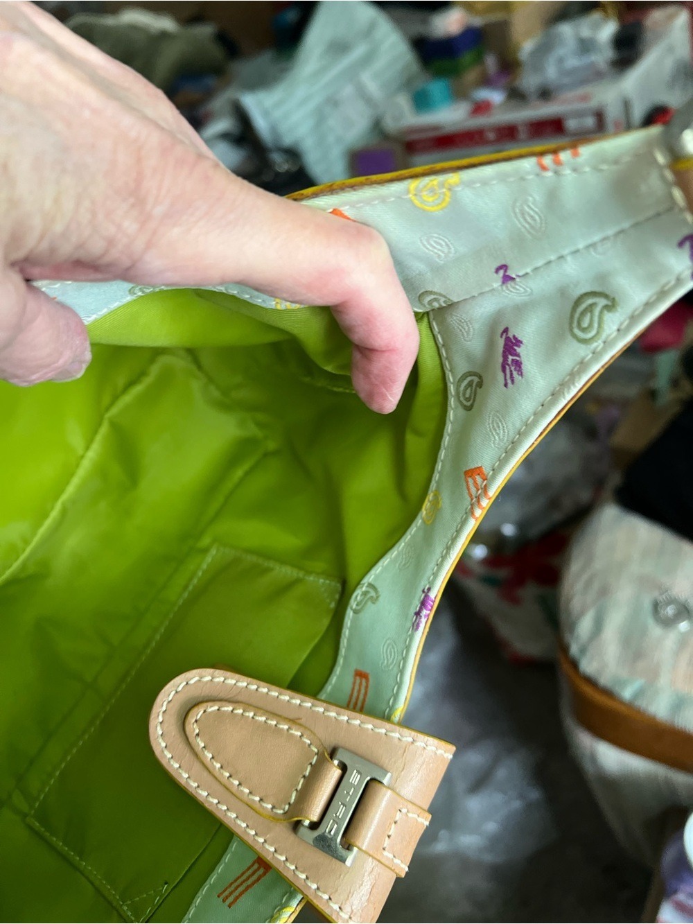 ETRO Light Green Canvas Shoulder Bag with Tan Leather Trim SERIAL NUMBER PHOTO - Picture 12 of 13